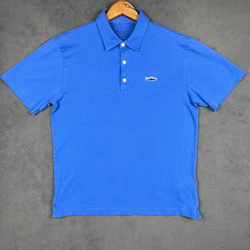 Patagonia Trout Fitz Roy Polo Shirt Mens Small Blue Organic Cotton Short Sleeve